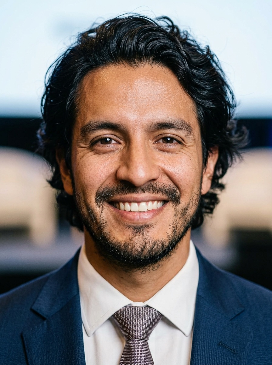 Professional AI LinkedIn headshot in Navy tailored suit on Public Speaking Stage