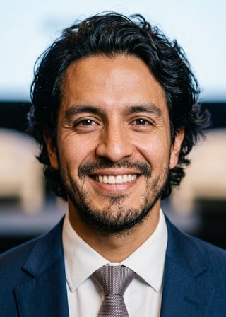 Professional AI LinkedIn headshot in Navy tailored suit on Public Speaking Stage