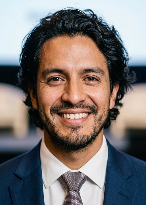 Professional AI LinkedIn headshot in Navy tailored suit on Public Speaking Stage