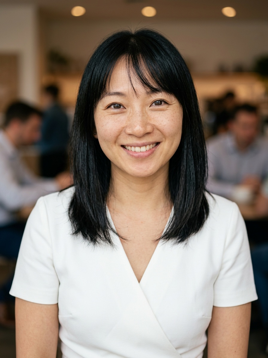 Professional AI LinkedIn headshot in White wrap dress on Cafe (warm professional)