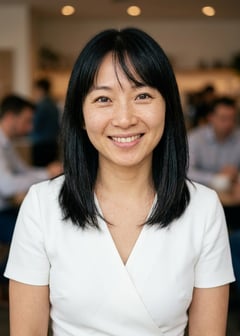 Professional AI LinkedIn headshot in White wrap dress on Cafe (warm professional)