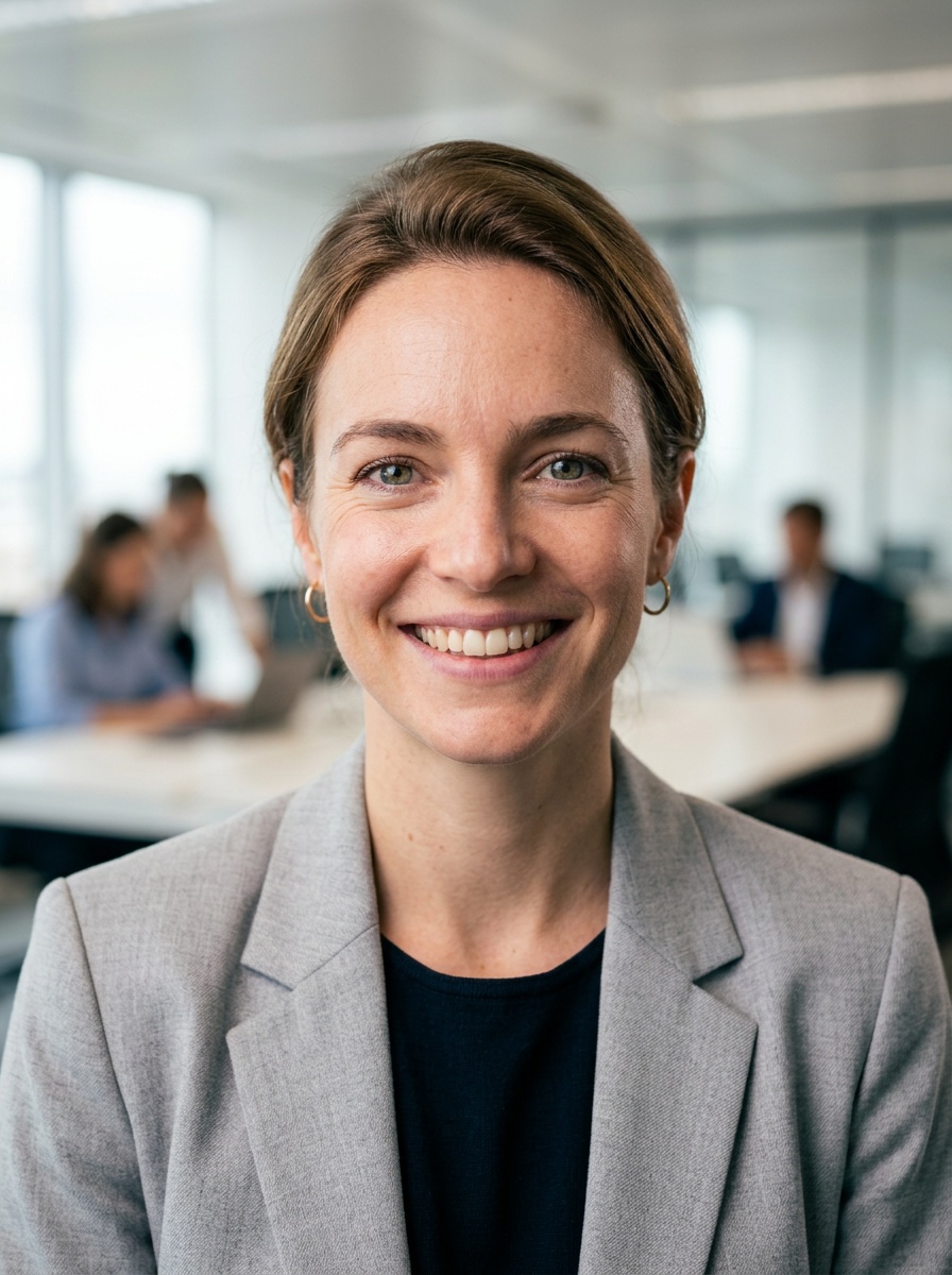 Professional AI LinkedIn headshot in Light gray blazer on Office / Modern Office Workspace