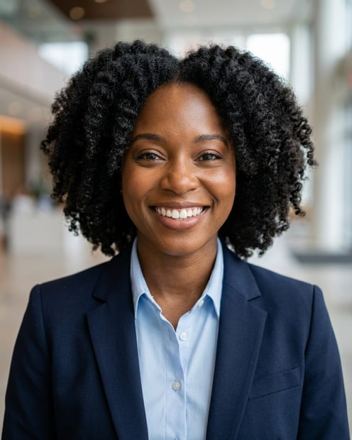 Lobby · Navy blazer with light blue shirt headshot example