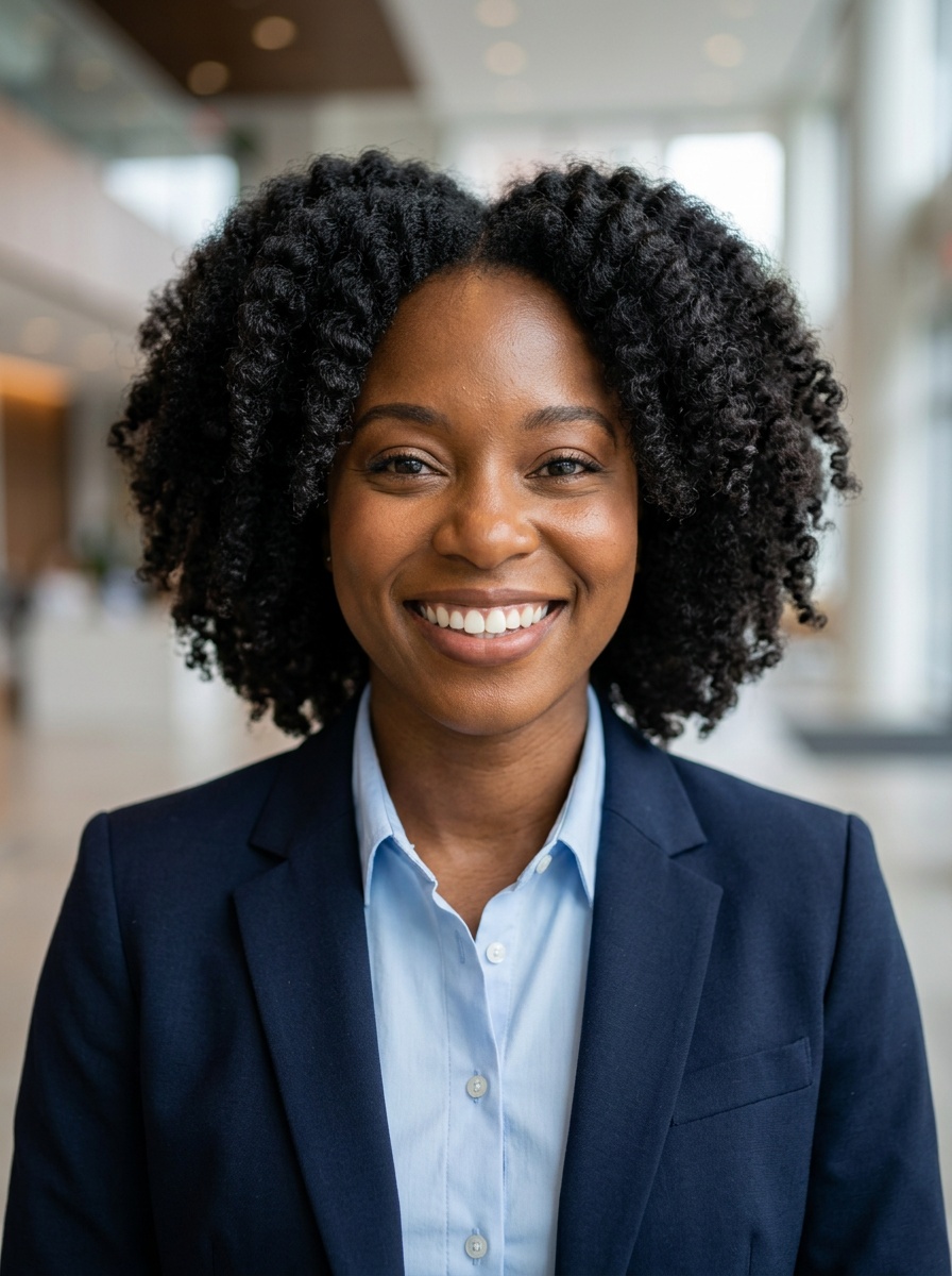 Professional AI LinkedIn headshot in Navy blazer with light blue shirt on Lobby (corporate lobby)