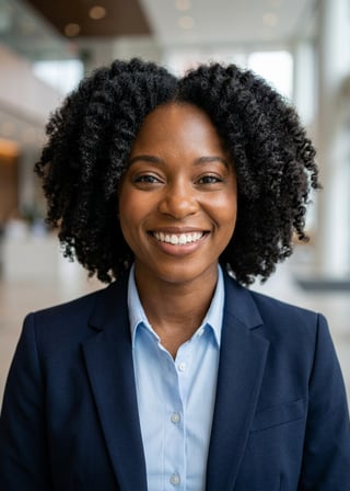 Professional AI LinkedIn headshot in Navy blazer with light blue shirt on Lobby (corporate lobby)