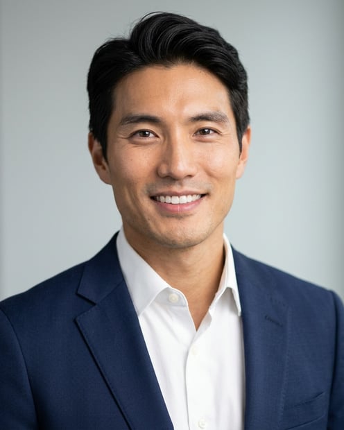 Neutral Gradient / Light Grey · Navy blazer with light blue shirt headshot example
