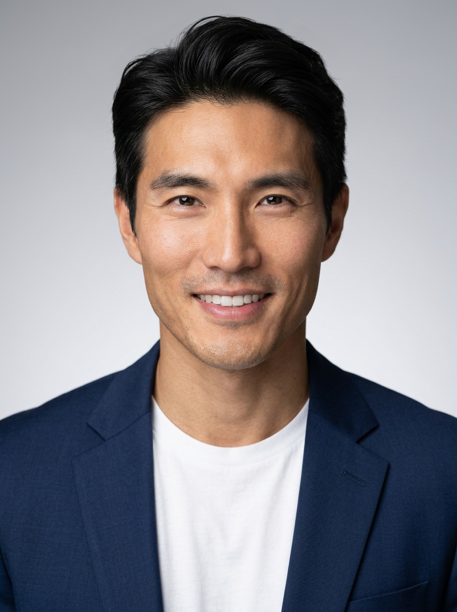 Professional AI LinkedIn headshot in Open navy blazer over simple white tee (tech-casual) on Neutral Gradient / Light Grey