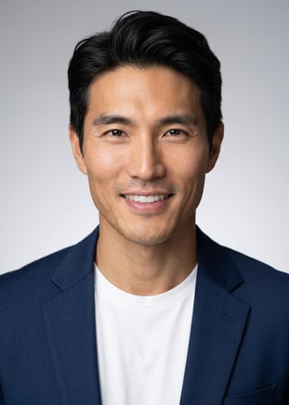 Professional AI LinkedIn headshot in Open navy blazer over simple white tee (tech-casual) on Neutral Gradient / Light Grey
