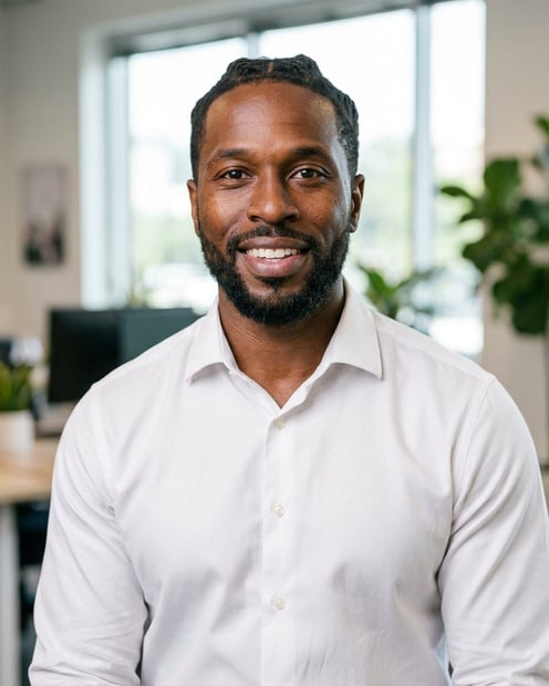 Office / Modern Office Workspace · White button-up shirt headshot example
