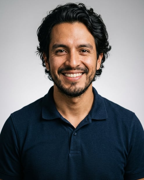 Neutral Gradient / Light Grey · Navy blue short-sleeve polo headshot example