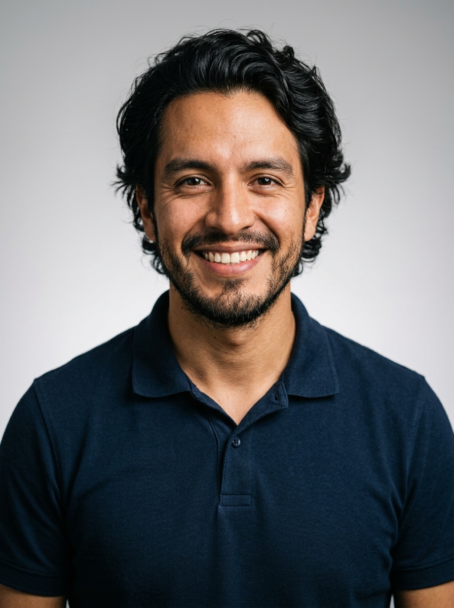 Professional AI LinkedIn headshot in Navy blue short-sleeve polo on Neutral Gradient / Light Grey