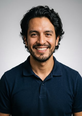 Professional AI LinkedIn headshot in Navy blue short-sleeve polo on Neutral Gradient / Light Grey