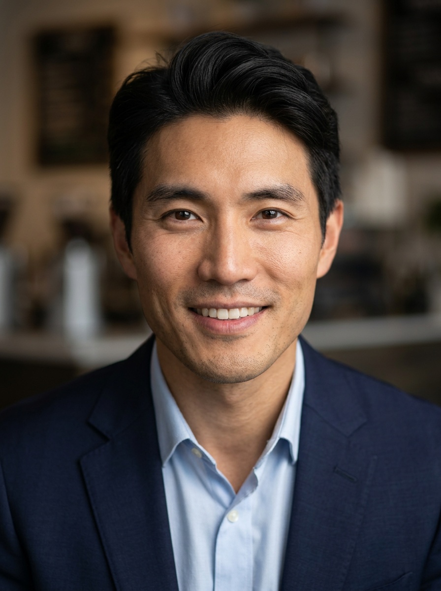 Professional AI LinkedIn headshot in Navy blazer with light blue shirt on Cafe (warm professional)