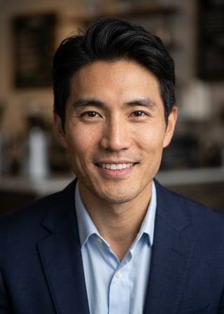 Professional AI LinkedIn headshot in Navy blazer with light blue shirt on Cafe (warm professional)