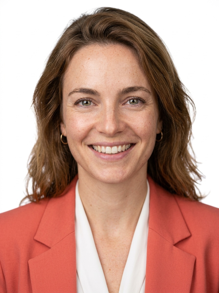 Professional AI LinkedIn headshot in Coral blazer over white blouse on White / Pure White Studio