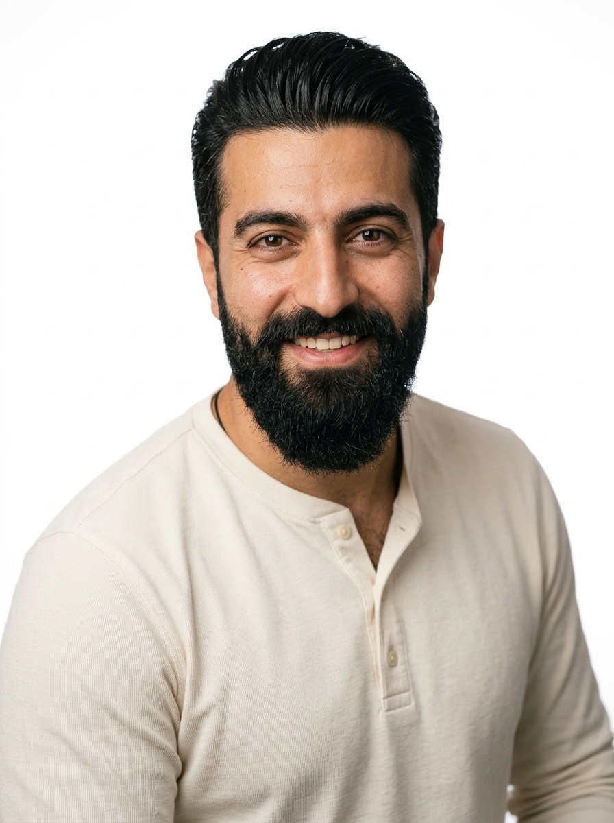 Professional AI LinkedIn headshot in Cream long-sleeve henley on White / Pure White Studio