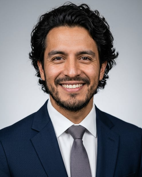 Neutral Gradient / Light Grey · Dark blue tailored suit headshot example