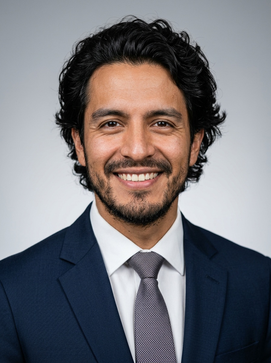 Professional AI LinkedIn headshot in Dark blue tailored suit on Neutral Gradient / Light Grey