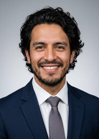 Professional AI LinkedIn headshot in Dark blue tailored suit on Neutral Gradient / Light Grey