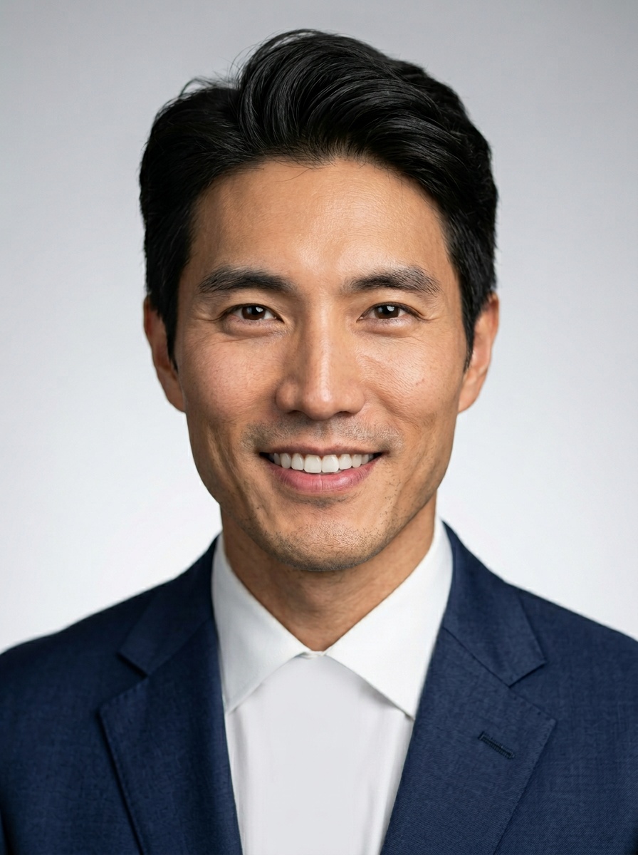 Professional AI LinkedIn headshot in Navy tailored suit on Neutral Gradient / Light Grey