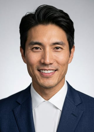 Professional AI LinkedIn headshot in Navy tailored suit on Neutral Gradient / Light Grey