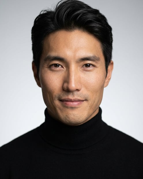Neutral Gradient / Light Grey · Fitted black turtleneck headshot example