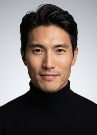 Professional AI LinkedIn headshot in Fitted black turtleneck on Neutral Gradient / Light Grey
