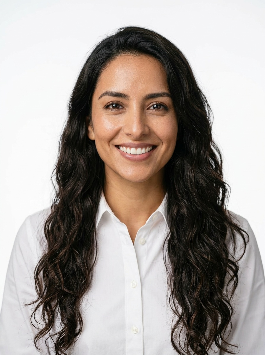 Professional AI LinkedIn headshot in White button-up shirt (women's slim) on White / Pure White Studio