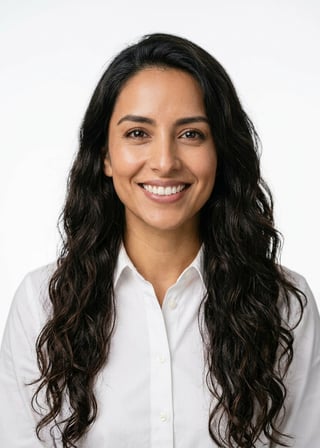Professional AI LinkedIn headshot in White button-up shirt (women's slim) on White / Pure White Studio