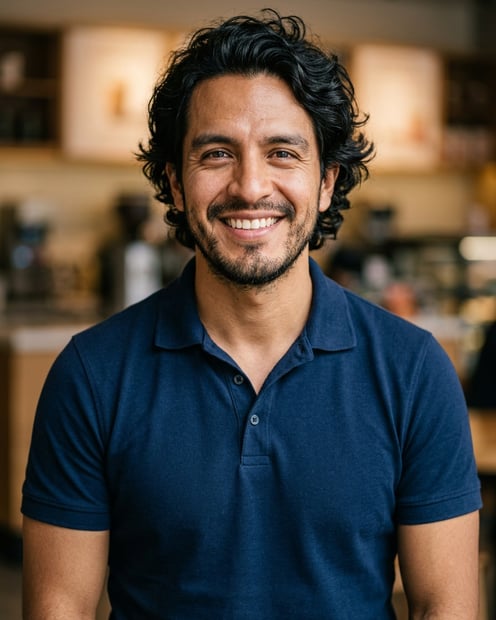 Cafe · Navy blue short-sleeve polo headshot example