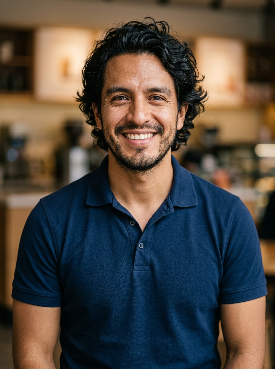 Professional AI LinkedIn headshot in Navy blue short-sleeve polo on Cafe (warm professional)