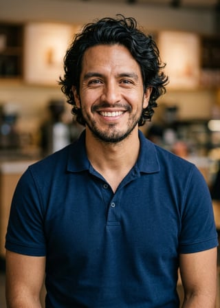 Professional AI LinkedIn headshot in Navy blue short-sleeve polo on Cafe (warm professional)