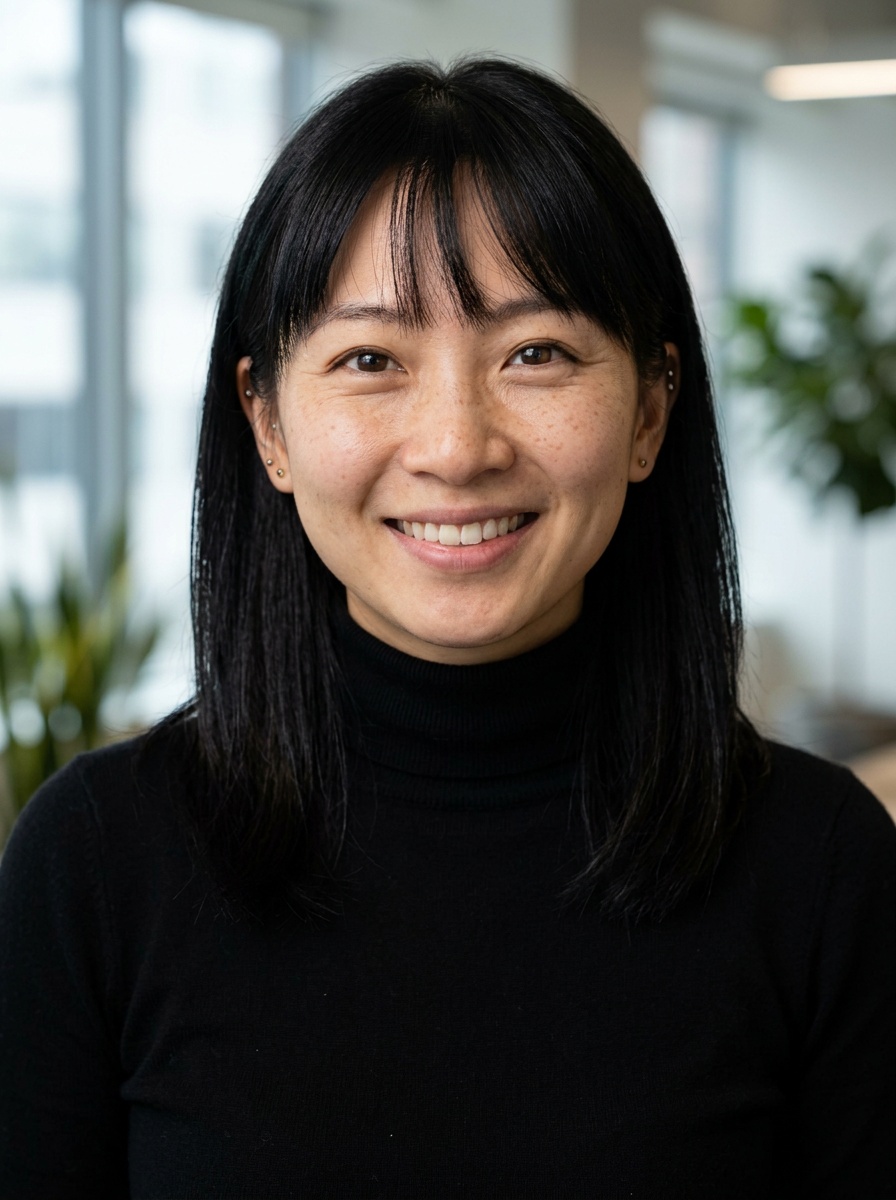 Professional AI LinkedIn headshot in Fitted black turtleneck on Office / Modern Office Workspace