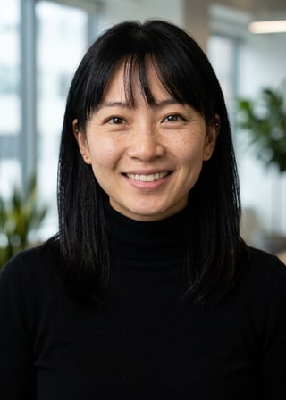 Professional AI LinkedIn headshot in Fitted black turtleneck on Office / Modern Office Workspace