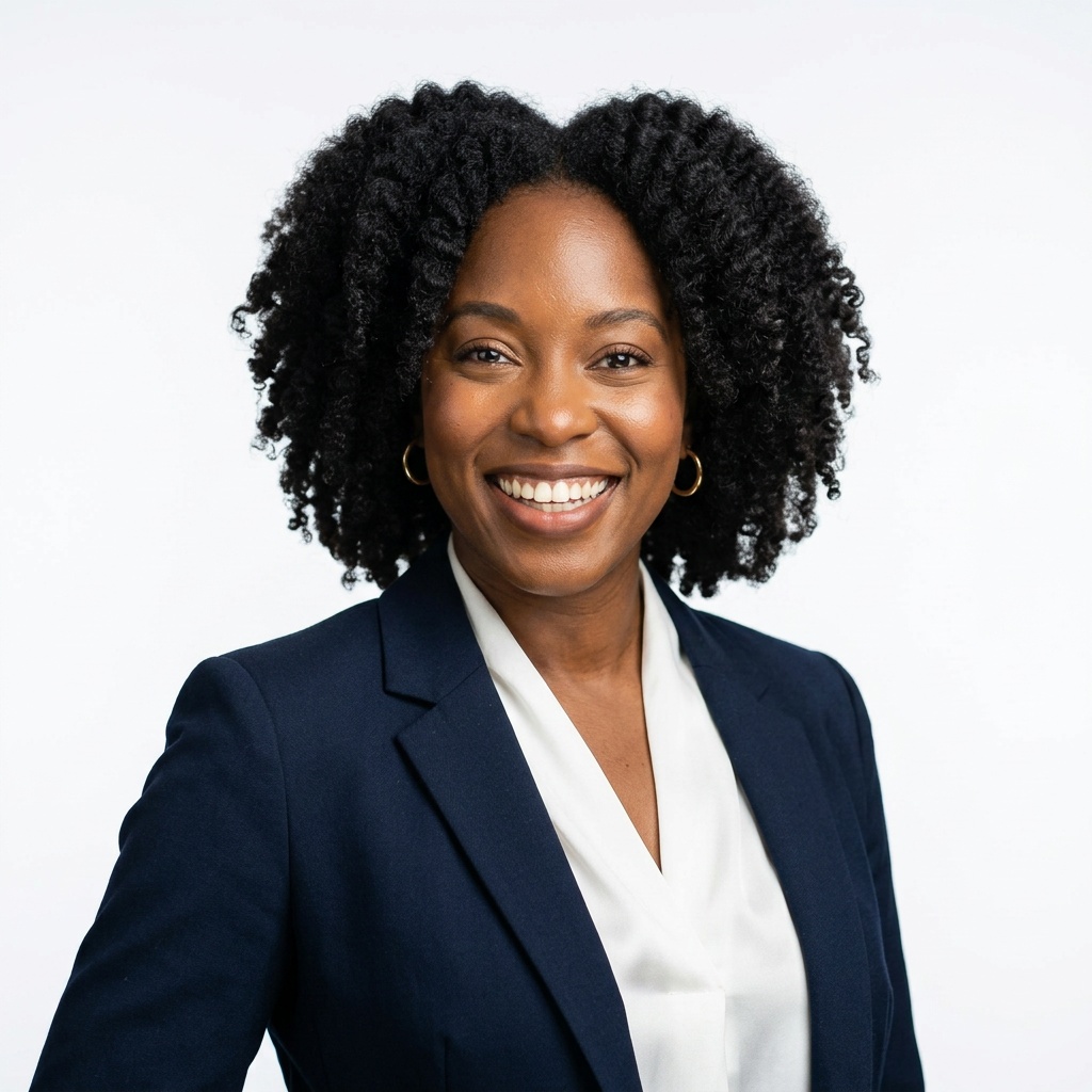 White Studio · Navy Blazer headshot example
