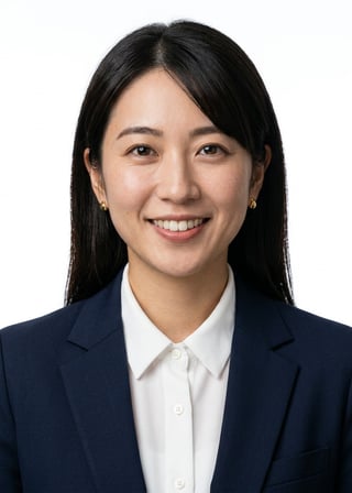 Professional AI LinkedIn headshot in Navy Blazer, Coral Blouse on White / Pure White Studio