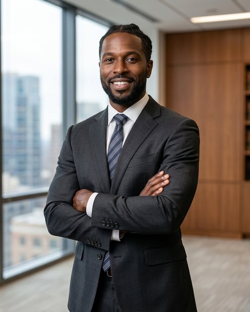 Blurred Courtroom · Dark Litigation Suit headshot example