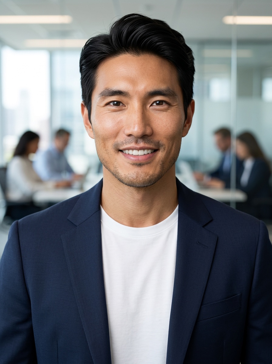 Professional AI LinkedIn headshot in Open navy blazer over simple white tee (tech-casual) on Office / Modern Office Workspace