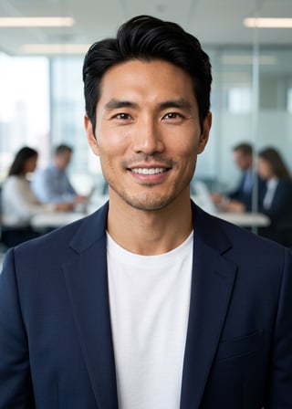 Professional AI LinkedIn headshot in Open navy blazer over simple white tee (tech-casual) on Office / Modern Office Workspace
