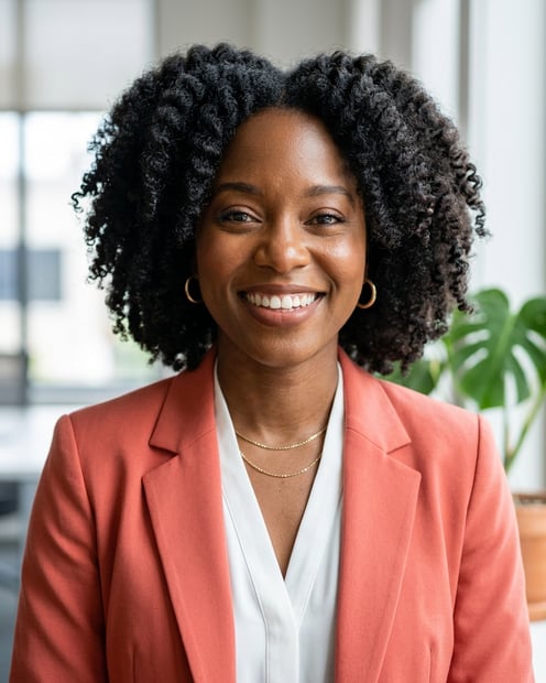 Office / Modern Office Workspace · Coral blazer over white blouse headshot example