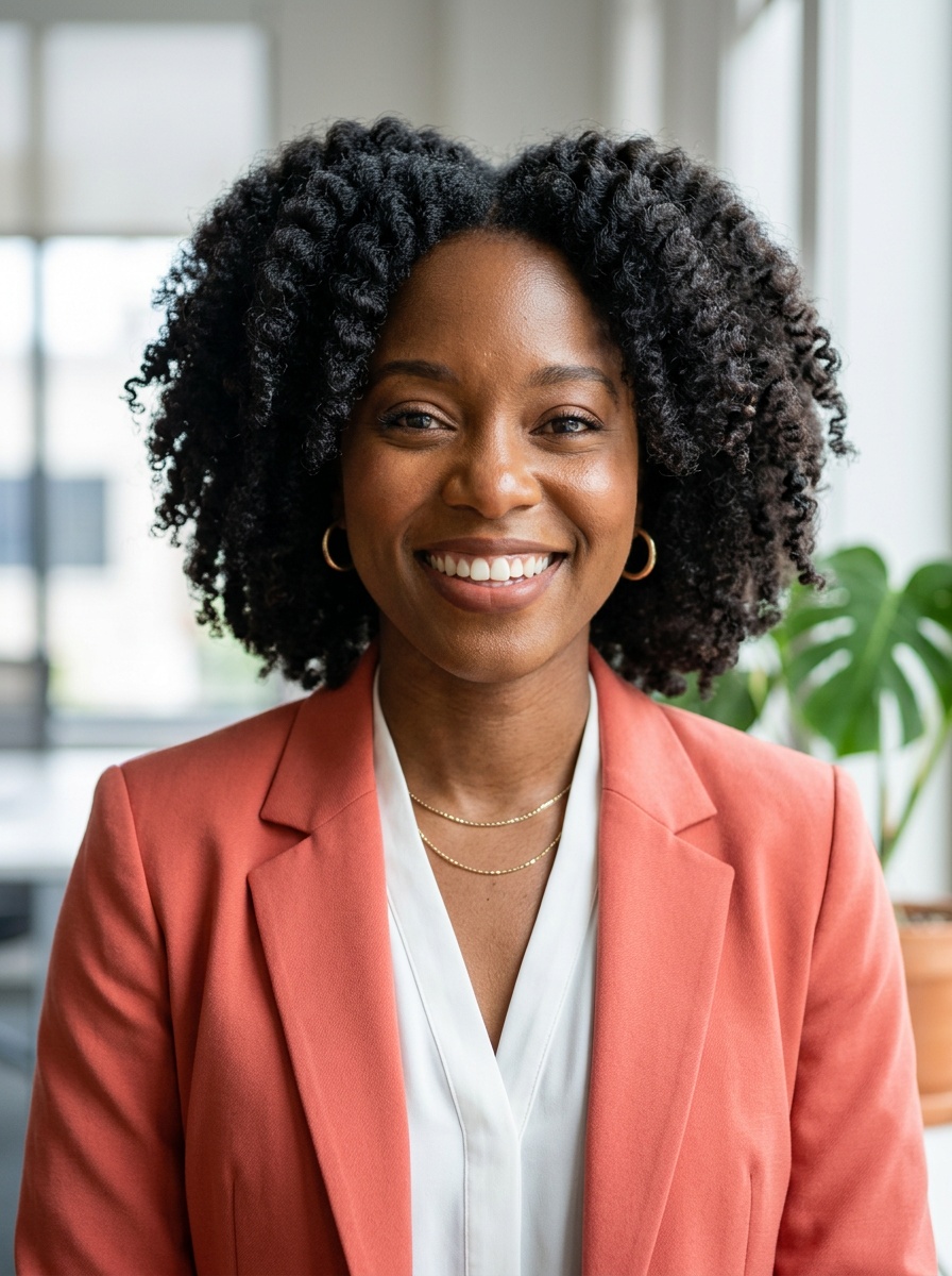 Professional AI LinkedIn headshot in Coral blazer over white blouse on Office / Modern Office Workspace