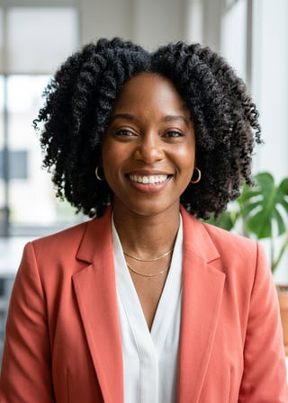 Professional AI LinkedIn headshot in Coral blazer over white blouse on Office / Modern Office Workspace