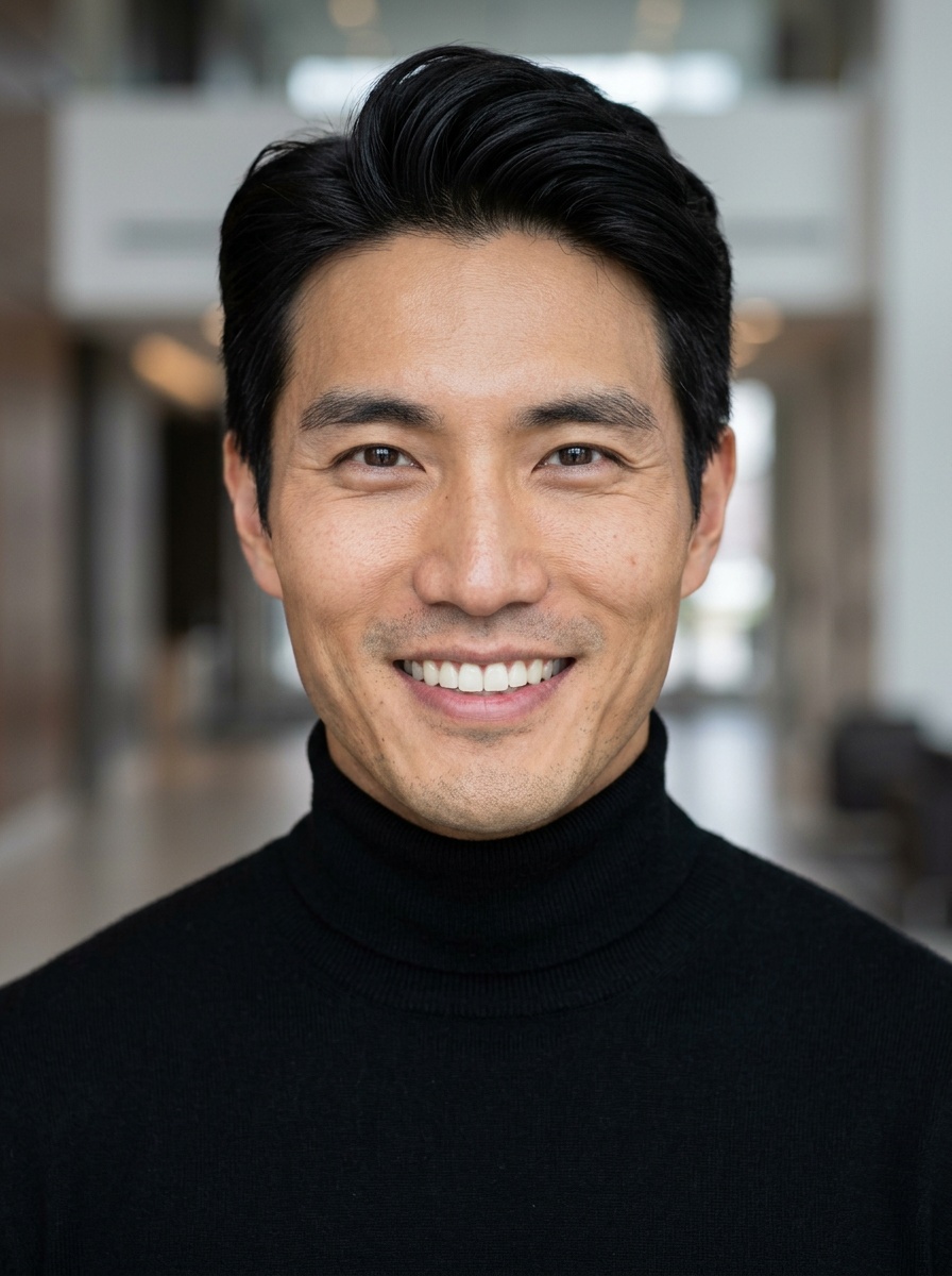Professional AI LinkedIn headshot in Fitted black turtleneck on Lobby (corporate lobby)