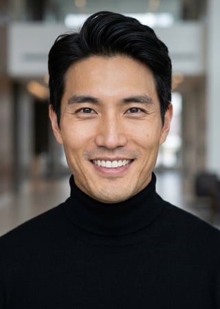 Professional AI LinkedIn headshot in Fitted black turtleneck on Lobby (corporate lobby)