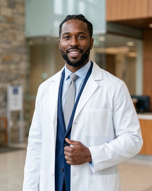 Premium Hospital Lobby · Medical Executive Suit with White Coat headshot example