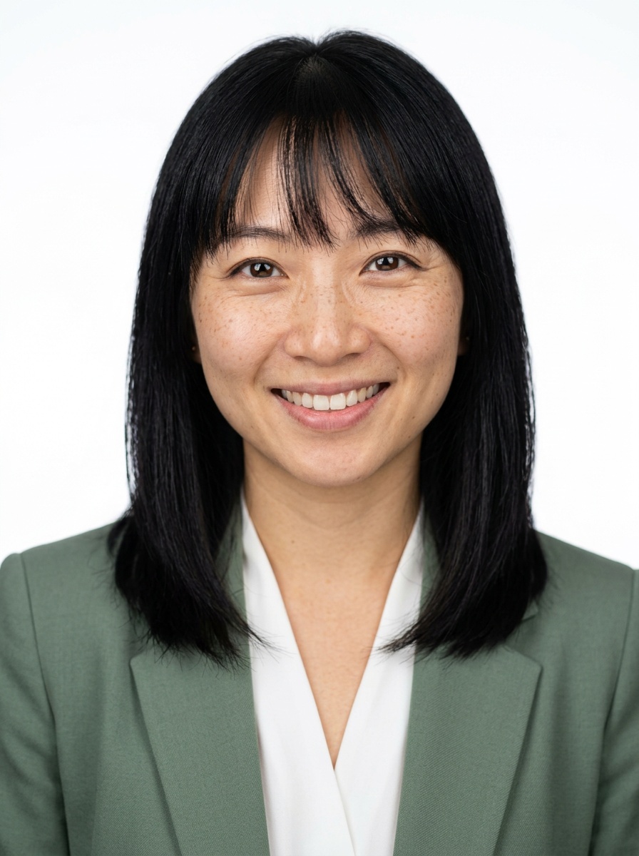 Professional AI LinkedIn headshot in Sage green blazer with white blouse (2026 trend) on White / Pure White Studio