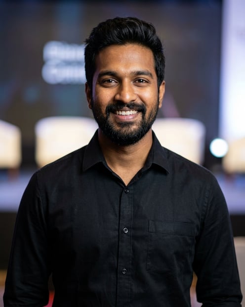Public Speaking Stage · Black long-sleeve button-up headshot example