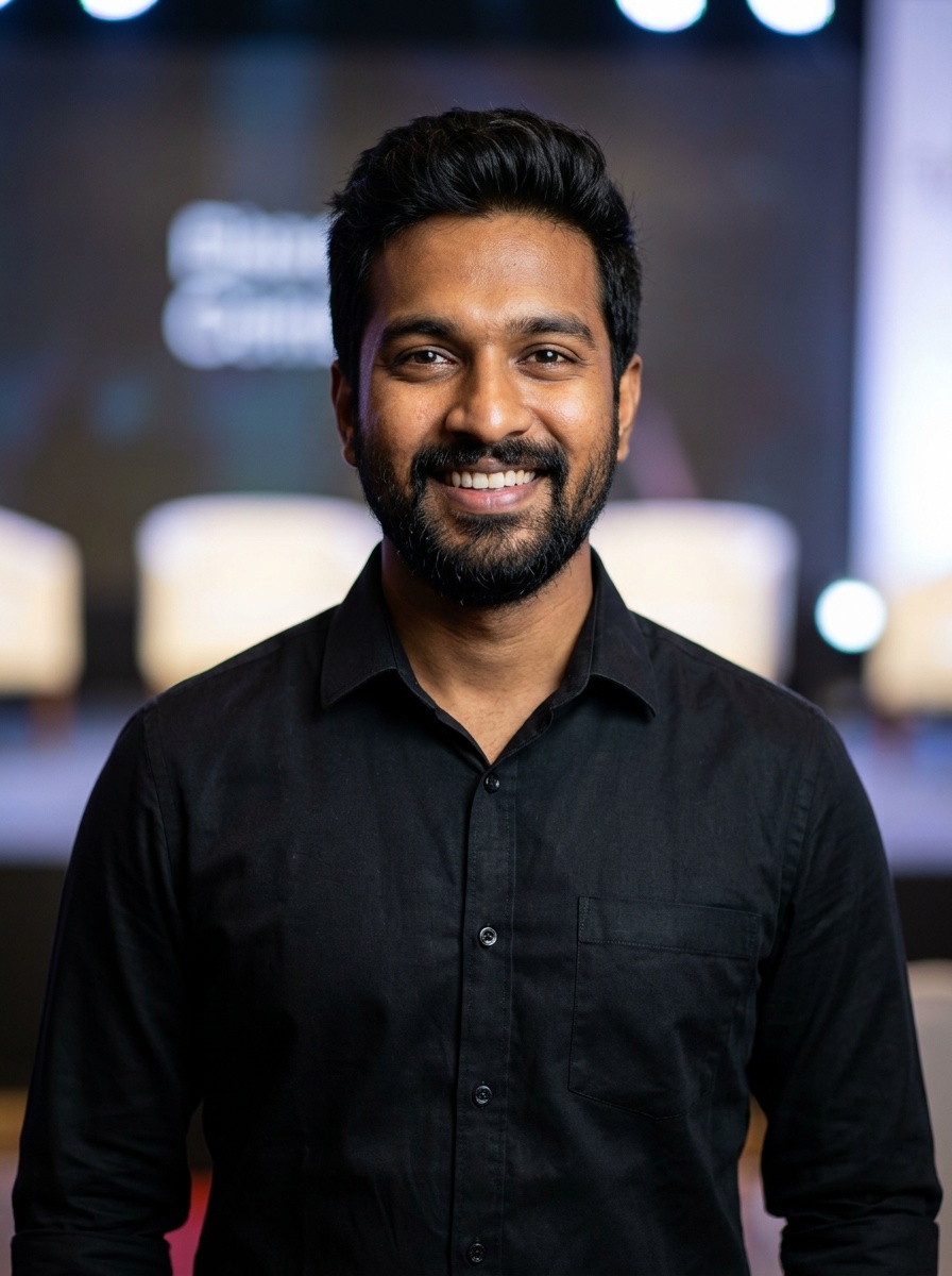 Professional AI LinkedIn headshot in Black long-sleeve button-up on Public Speaking Stage