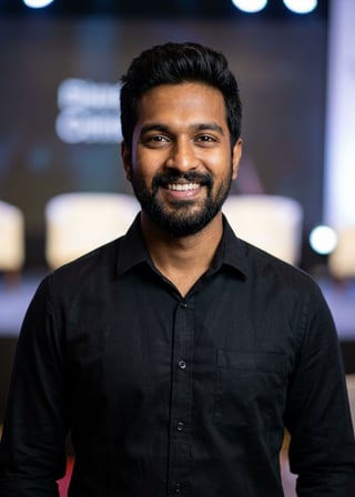 Professional AI LinkedIn headshot in Black long-sleeve button-up on Public Speaking Stage