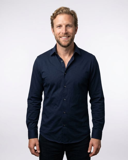 Soft White to Light Grey Studio · Navy Button-Up with Dark Trousers headshot example